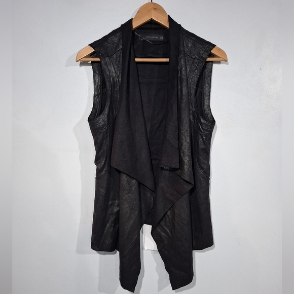 Zara Woman Black Leather Feel Draped Asymmetrical Hem Open Front Vest M Not Belt - Picture 1 of 10